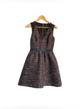 H&M Fit & Flare Faux Leather Belt Sleeves Tweed Pattern Silver Black Women 2